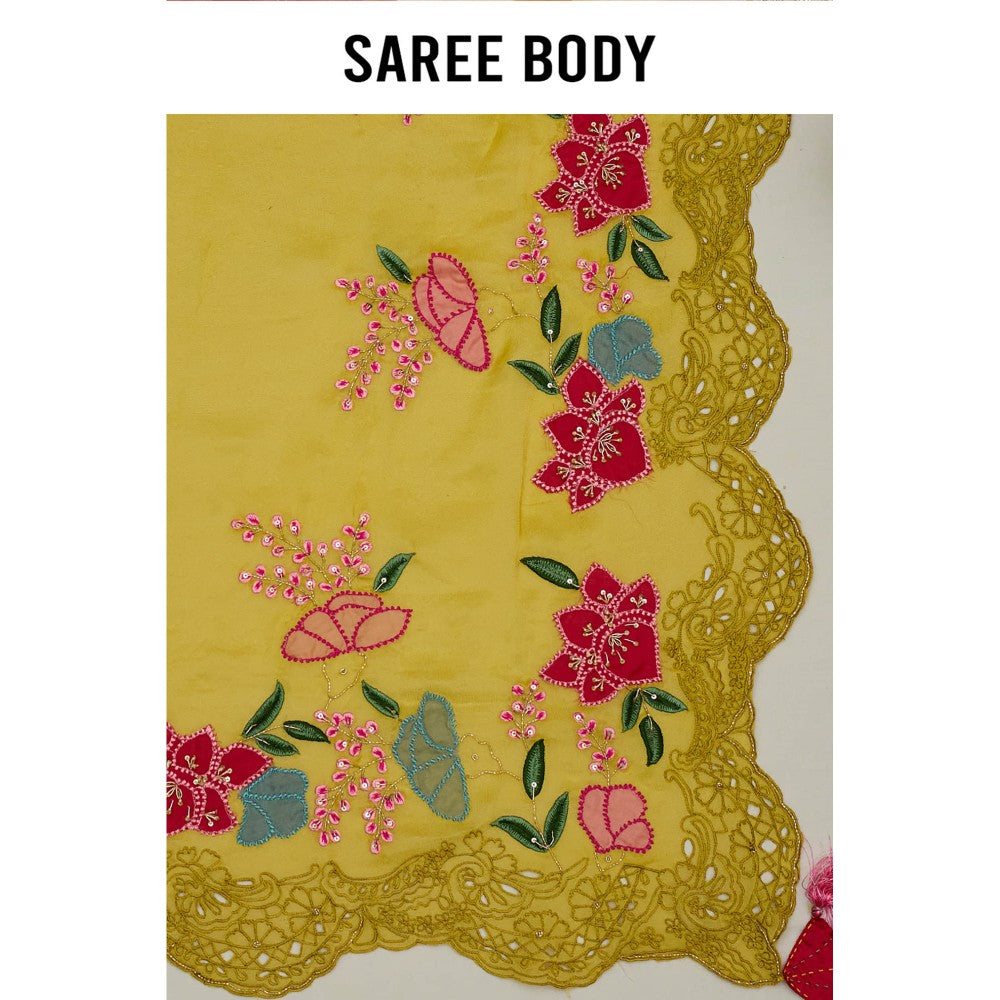 Aparnaa Mustard Yellow Tissue Saree with Unstitched Blouse Hand Embroidery