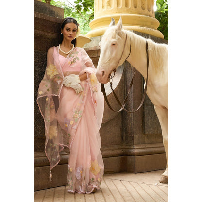 Aparnaa Soft Pink Pure Organza Saree with Unstitched Blouse Floral Applique