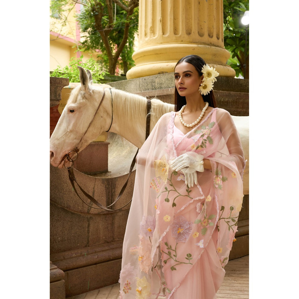 Aparnaa Soft Pink Pure Organza Saree with Unstitched Blouse Floral Applique