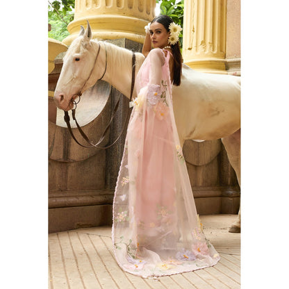 Aparnaa Soft Pink Pure Organza Saree with Unstitched Blouse Floral Applique