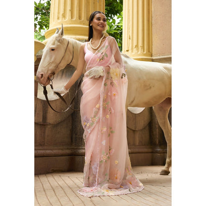 Aparnaa Soft Pink Pure Organza Saree with Unstitched Blouse Floral Applique