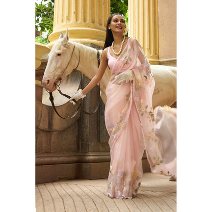 Aparnaa Soft Pink Pure Organza Saree with Unstitched Blouse Floral Applique