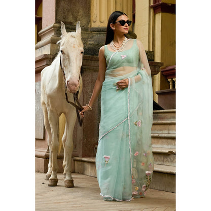 Aparnaa Mint Aqua Imported Pure Organza Saree with Unstitched Blouse