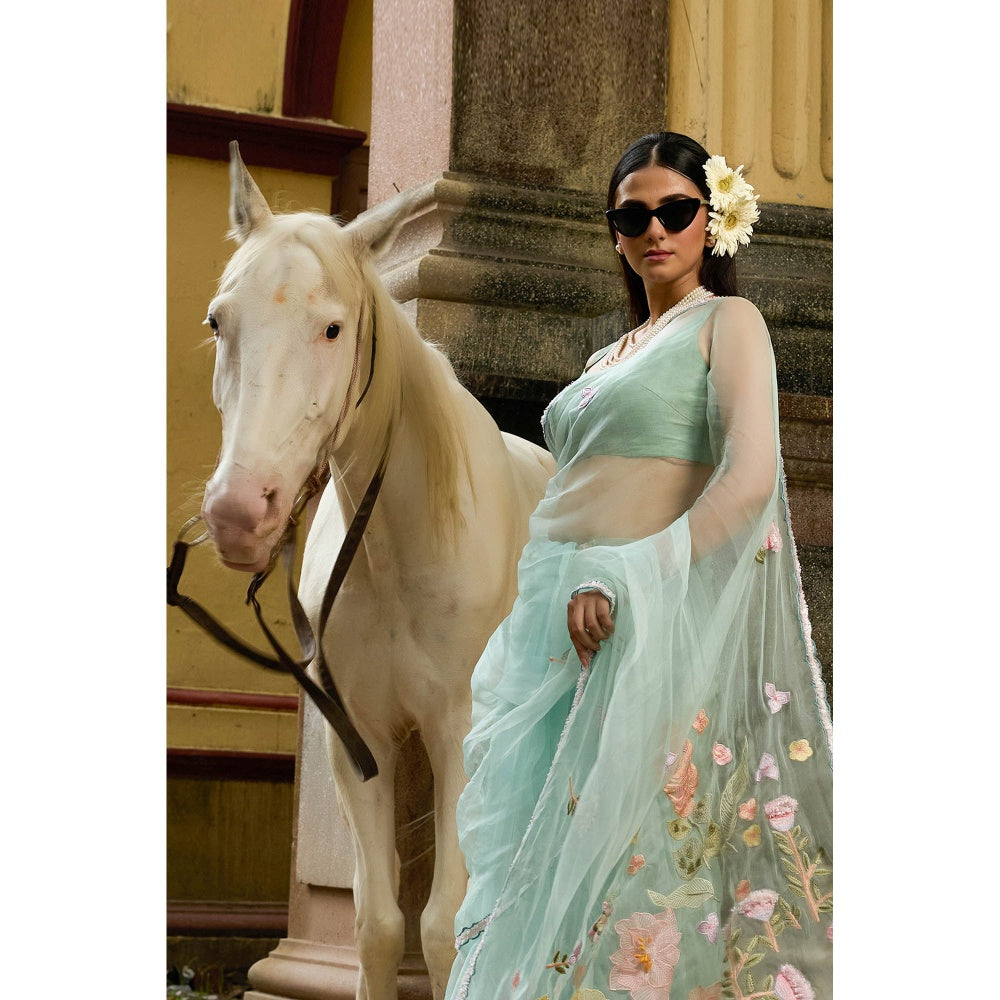 Aparnaa Mint Aqua Imported Pure Organza Saree with Unstitched Blouse