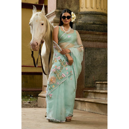 Aparnaa Mint Aqua Imported Pure Organza Saree with Unstitched Blouse