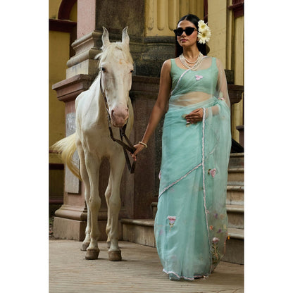 Aparnaa Mint Aqua Imported Pure Organza Saree with Unstitched Blouse