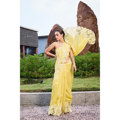 Aparnaa Lemon Glow Floral Applique Tissue Saree with Unstitched Blouse- Yellow