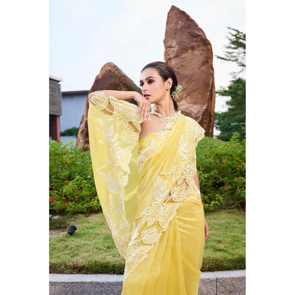 Aparnaa Lemon Glow Floral Applique Tissue Saree with Unstitched Blouse- Yellow