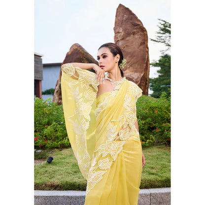 Aparnaa Lemon Glow Floral Applique Tissue Saree with Unstitched Blouse- Yellow