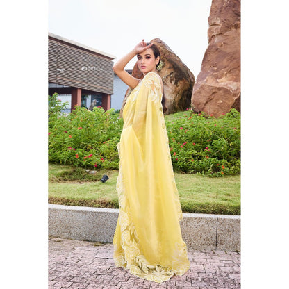 Aparnaa Lemon Glow Floral Applique Tissue Saree with Unstitched Blouse- Yellow