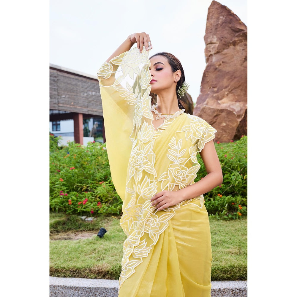 Aparnaa Lemon Glow Floral Applique Tissue Saree with Unstitched Blouse- Yellow
