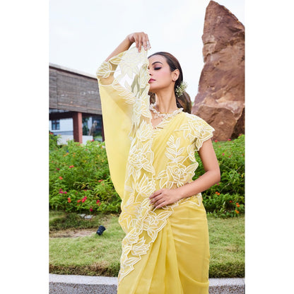 Aparnaa Lemon Glow Floral Applique Tissue Saree with Unstitched Blouse- Yellow
