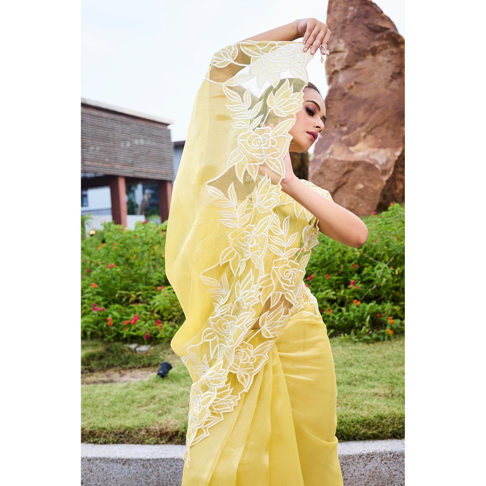 Aparnaa Lemon Glow Floral Applique Tissue Saree with Unstitched Blouse- Yellow
