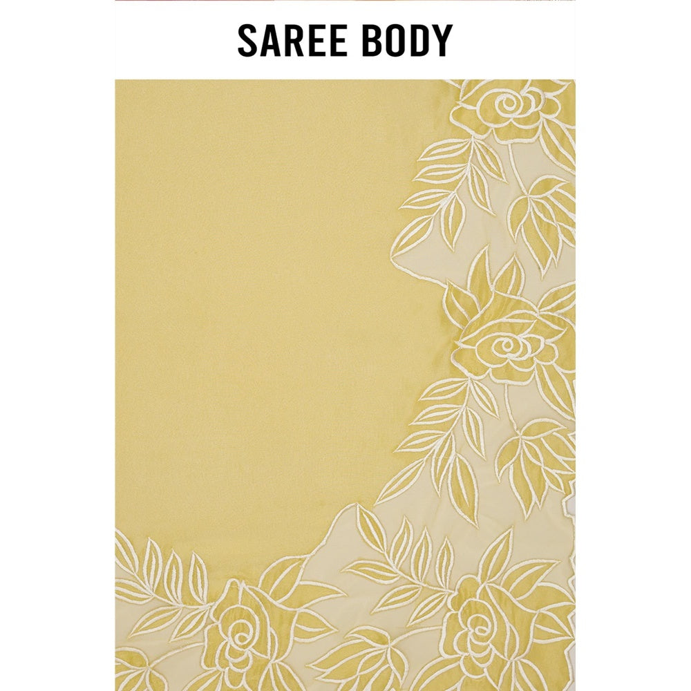 Aparnaa Lemon Glow Floral Applique Tissue Saree with Unstitched Blouse- Yellow