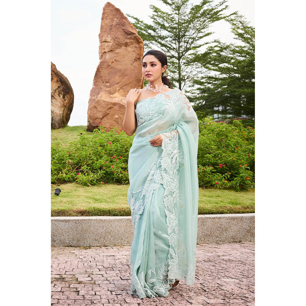Aparnaa Azure Bloom Floral Applique Tissue Saree with Unstitched Blouse- Blue