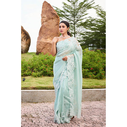 Aparnaa Azure Bloom Floral Applique Tissue Saree with Unstitched Blouse- Blue