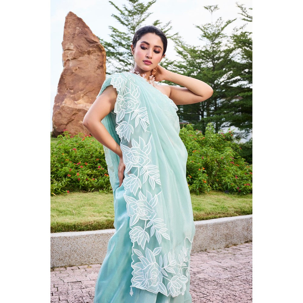 Aparnaa Azure Bloom Floral Applique Tissue Saree with Unstitched Blouse- Blue