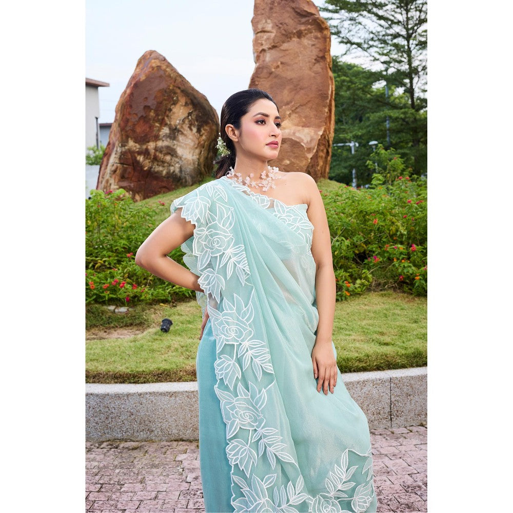 Aparnaa Azure Bloom Floral Applique Tissue Saree with Unstitched Blouse- Blue
