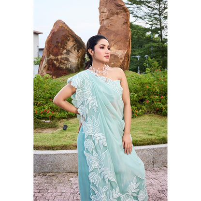 Aparnaa Azure Bloom Floral Applique Tissue Saree with Unstitched Blouse- Blue
