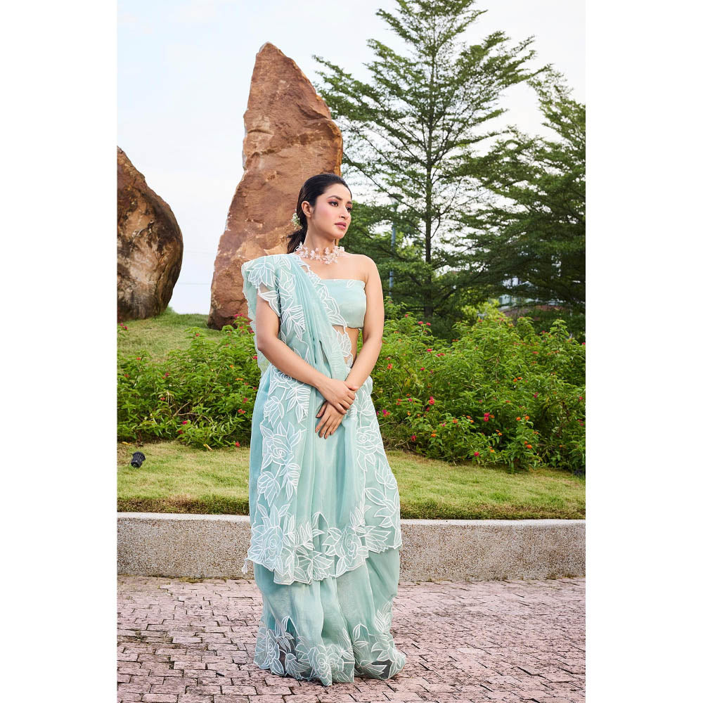 Aparnaa Azure Bloom Floral Applique Tissue Saree with Unstitched Blouse- Blue