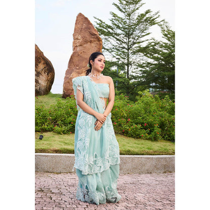 Aparnaa Azure Bloom Floral Applique Tissue Saree with Unstitched Blouse- Blue