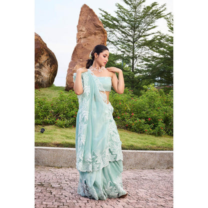 Aparnaa Azure Bloom Floral Applique Tissue Saree with Unstitched Blouse- Blue