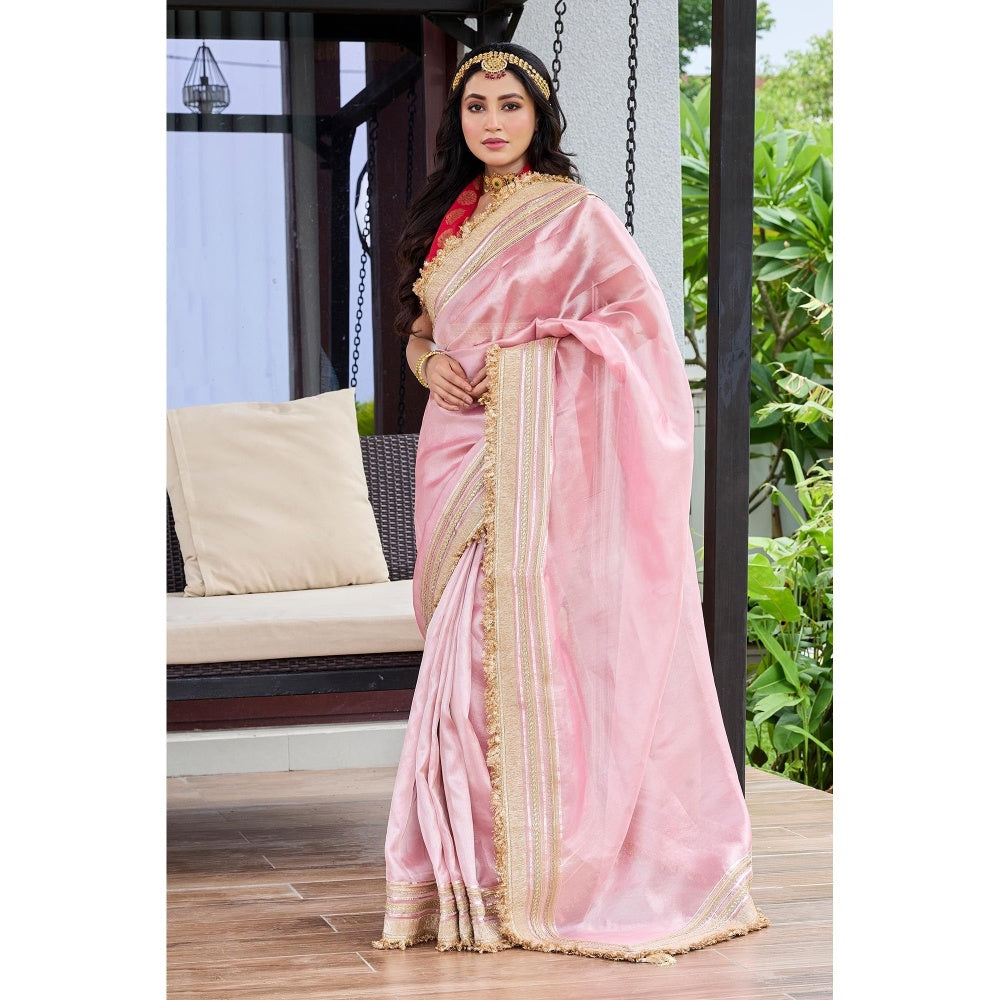 Aparnaa Blush Royale Tissue Saree With Unstitched Blouse - Pink