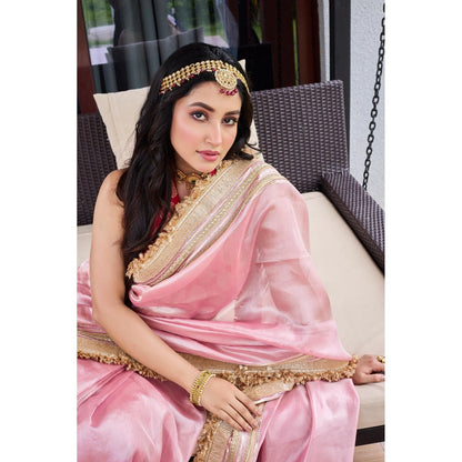 Aparnaa Blush Royale Tissue Saree With Unstitched Blouse - Pink