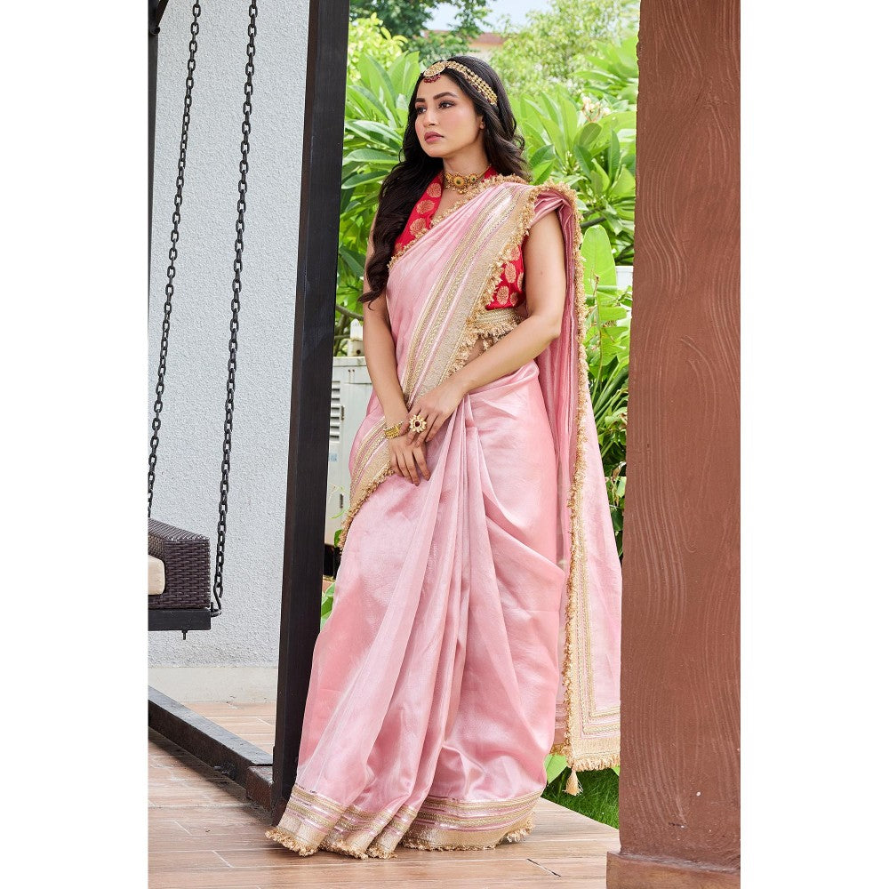 Aparnaa Blush Royale Tissue Saree With Unstitched Blouse - Pink