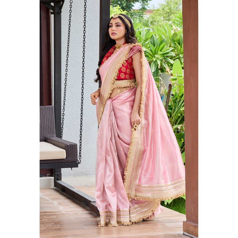 Aparnaa Blush Royale Tissue Saree With Unstitched Blouse - Pink