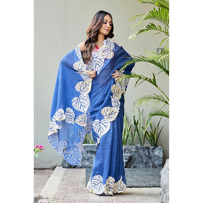 Aparnaa Cotton Crush Statement Applique Leaf Motifs Saree with Unstitched Blouse