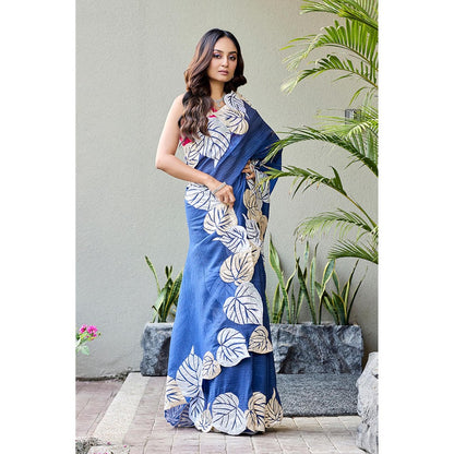 Aparnaa Cotton Crush Statement Applique Leaf Motifs Saree with Unstitched Blouse