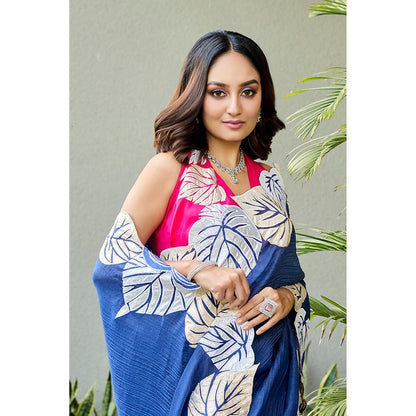 Aparnaa Cotton Crush Statement Applique Leaf Motifs Saree with Unstitched Blouse