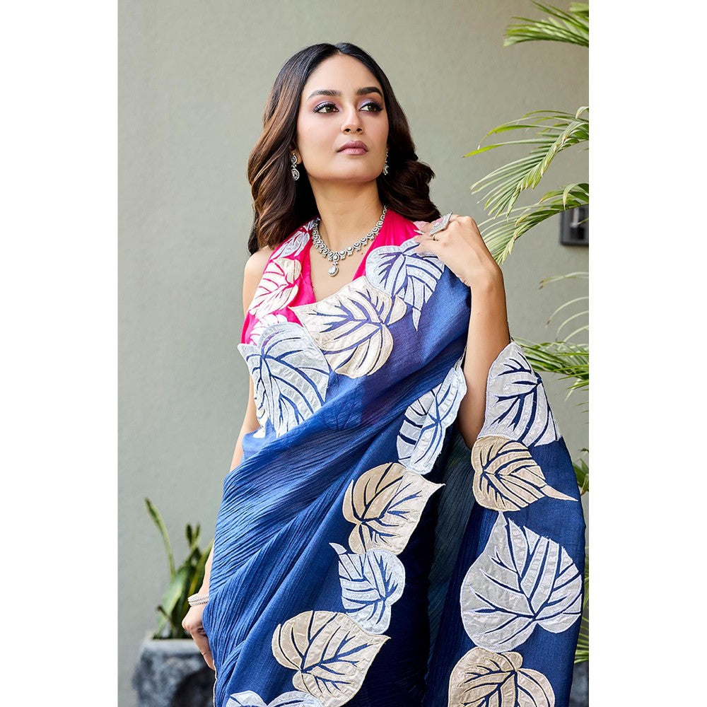 Aparnaa Cotton Crush Statement Applique Leaf Motifs Saree with Unstitched Blouse