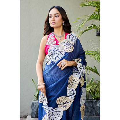 Aparnaa Cotton Crush Statement Applique Leaf Motifs Saree with Unstitched Blouse