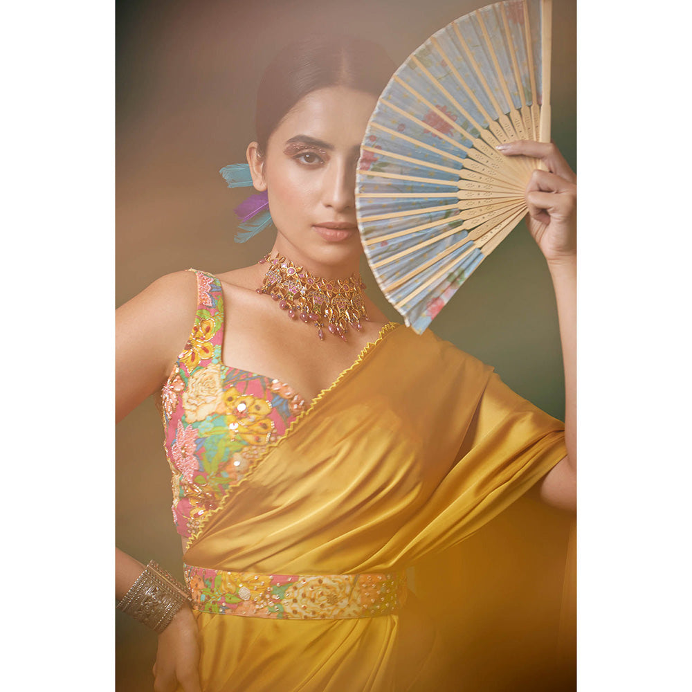 Apeksha Jain Label Mustard Embellished Saree and Belt with Stitched Blouse