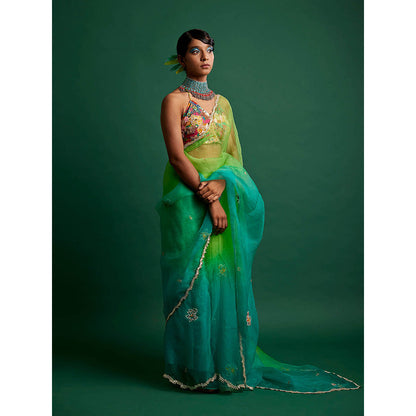 Apeksha Jain Label Green Ombre Embellished Saree with Stitched Blouse
