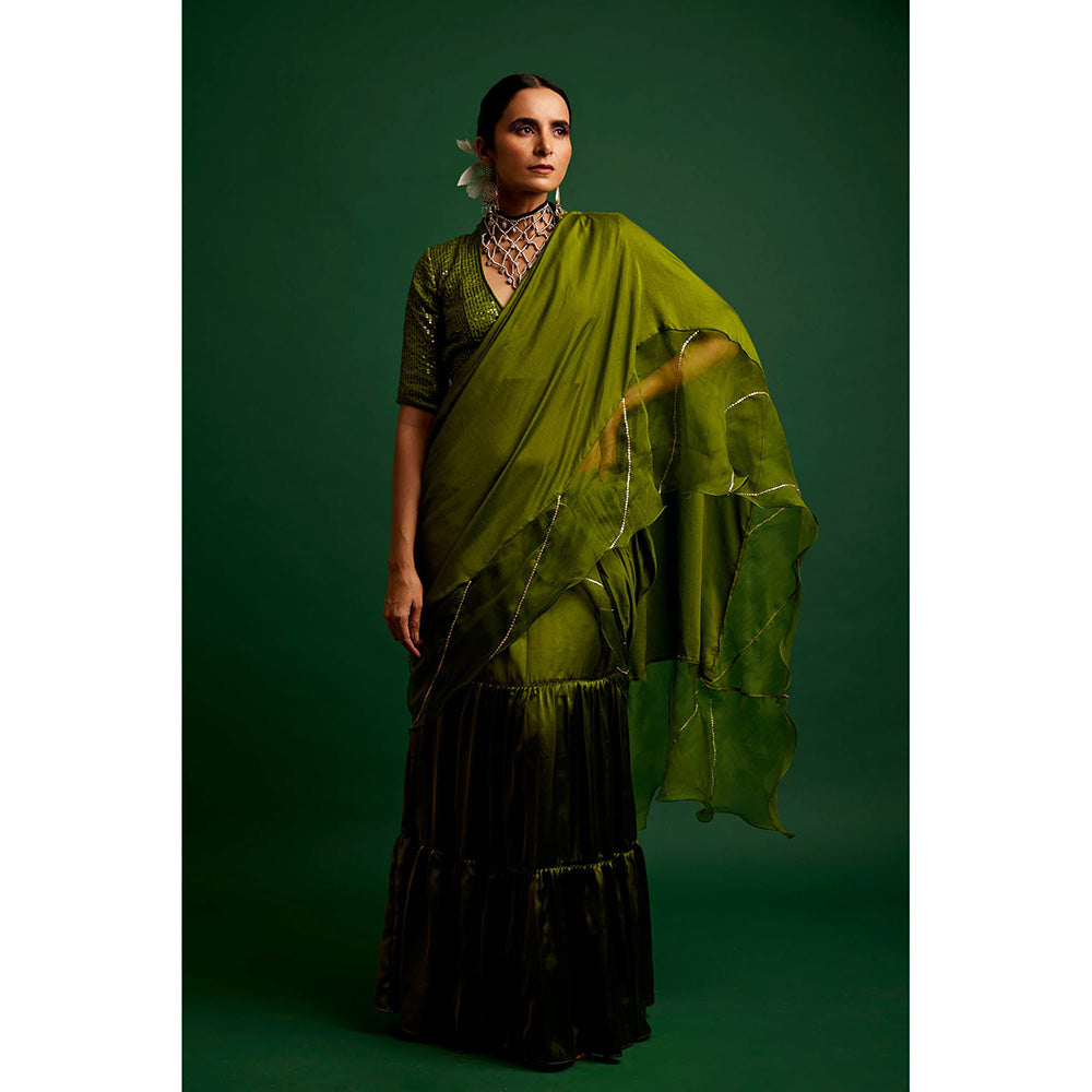 Apeksha Jain Label Olive Embellished Pre Draped Saree with Stitched Blouse