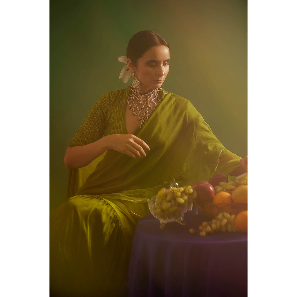 Apeksha Jain Label Olive Embellished Pre Draped Saree with Stitched Blouse