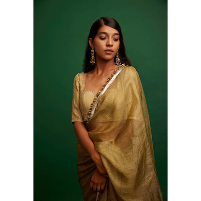 Apeksha Jain Label Beige Embellished Saree with Stitched Blouse