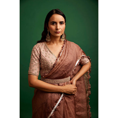 Apeksha Jain Label Old Rose Pink Woven Saree and Belt with Stitched Blouse
