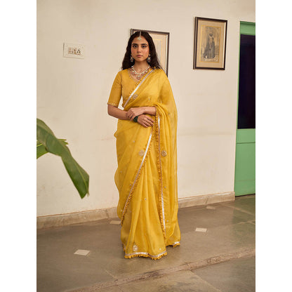 Apeksha Jain Label Yellow Basant Kota Woven Saree with Stitched Blouse