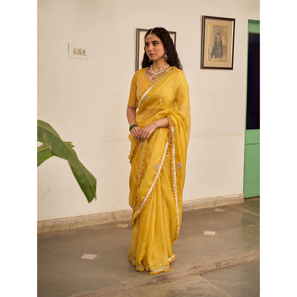 Apeksha Jain Label Yellow Basant Kota Woven Saree with Stitched Blouse