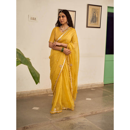Apeksha Jain Label Yellow Basant Kota Woven Saree with Stitched Blouse