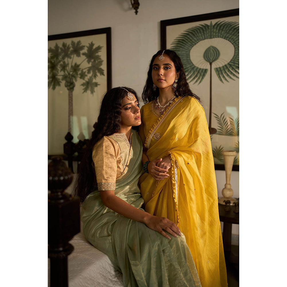 Apeksha Jain Label Yellow Basant Kota Woven Saree with Stitched Blouse