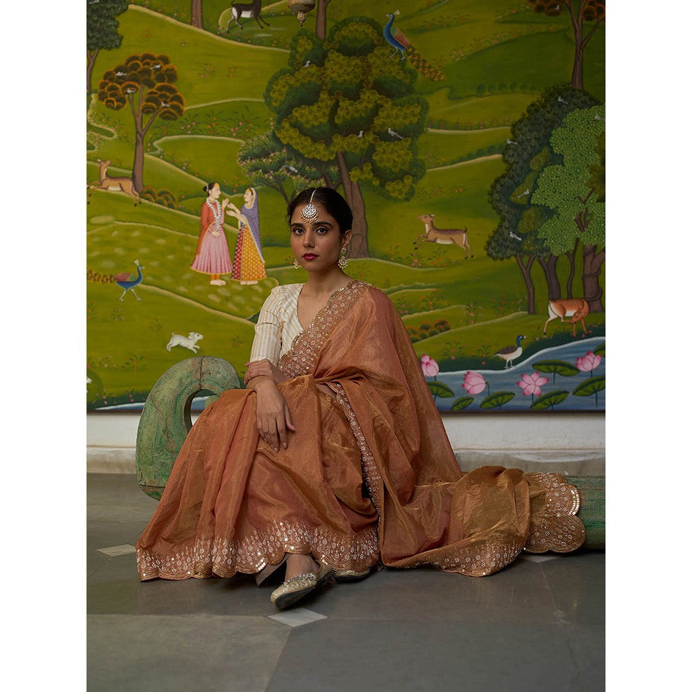 Apeksha Jain Label Brown Sunehra Tissue Saree with Stitched Blouse