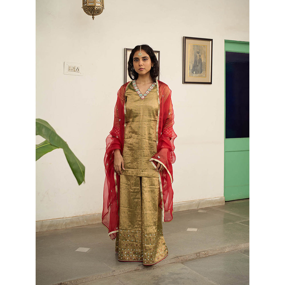 Apeksha Jain Label Gold Kurta with Sharara and Dupatta (Set of 3)