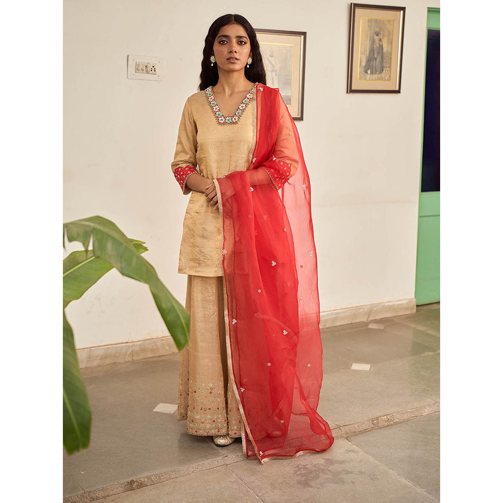 Apeksha Jain Label Beige Kurta with Sharara and Dupatta (Set of 3)