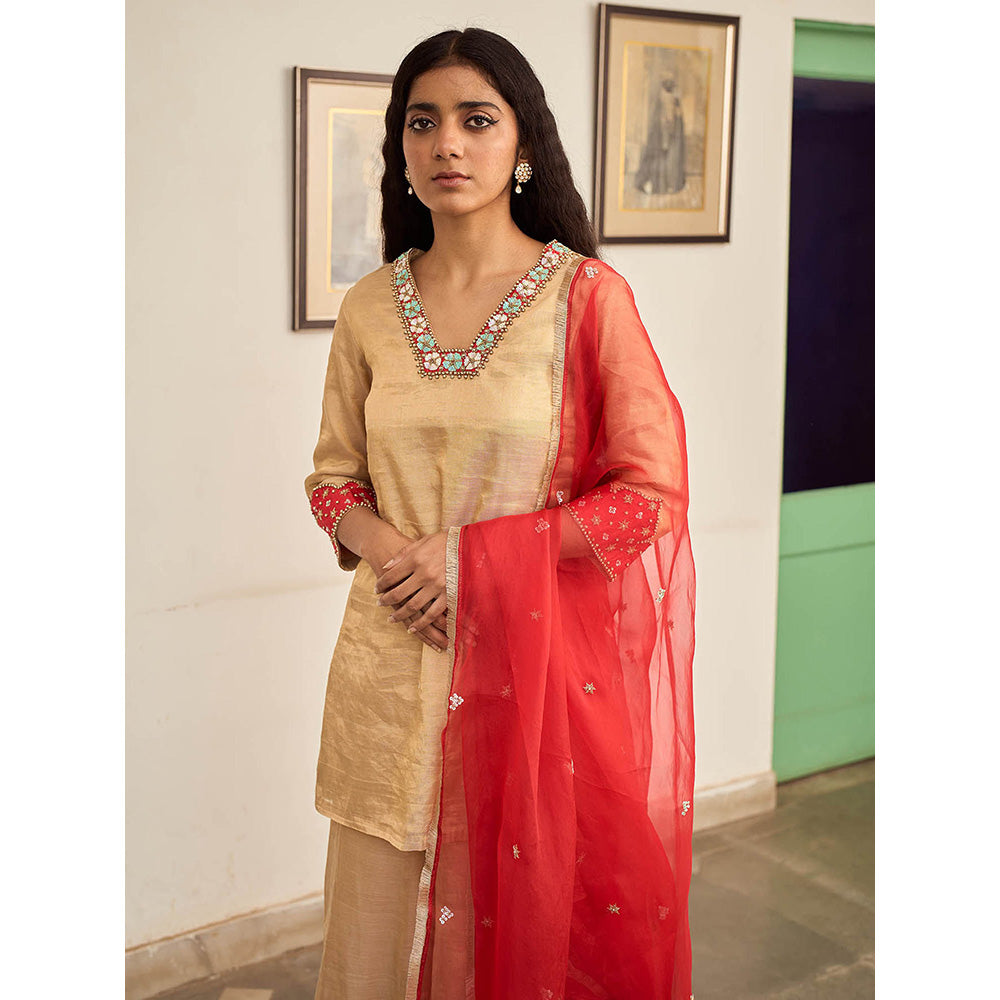 Apeksha Jain Label Beige Kurta with Sharara and Dupatta (Set of 3)