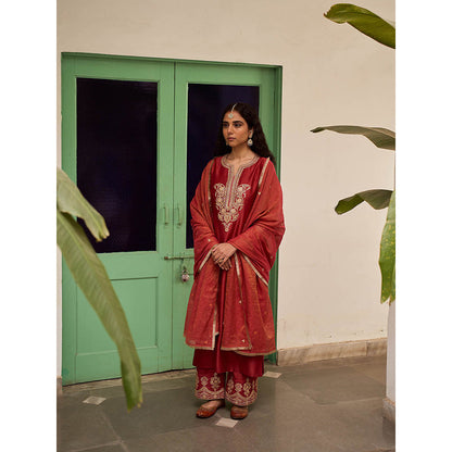 Apeksha Jain Label Rust Gulzar Palazzo and Kurta with Dupatta (Set of 3)